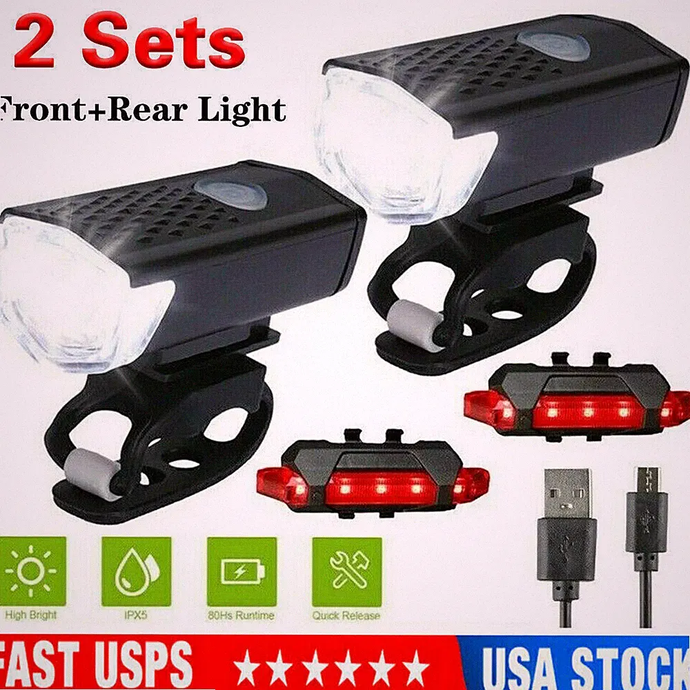 2 Sets USB Rechargeable LED Bicycle Headlight Bike Front Rear Lamp Cycling US